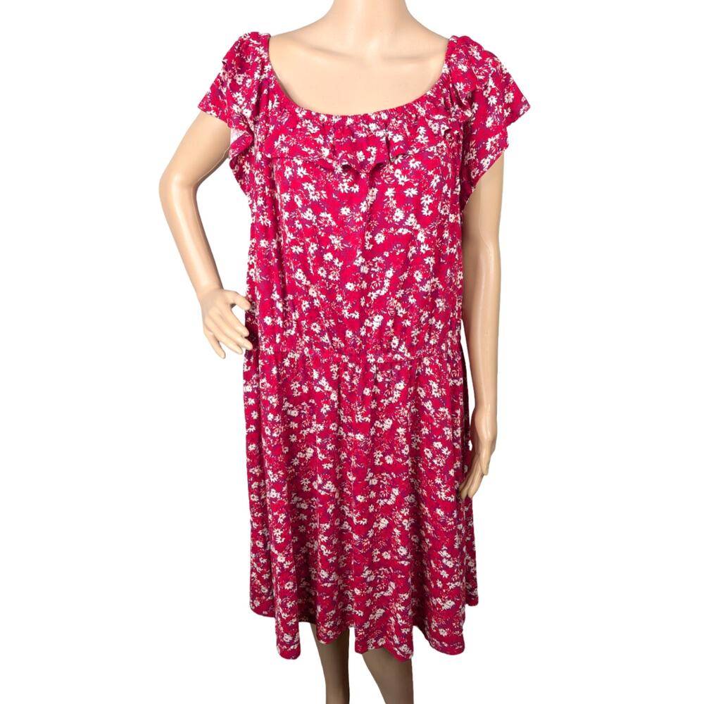 NWT Lane Bryant Red Floral Convertible Dress 22/24 Ruffle Off Shoulder Pocket - Picture 3 of 10